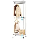 インテリア 家具 便利 おしゃれ 1.5倍掛頑丈ハンガーラック 【2： 幅61cm/2段掛け】 スチール製 カバー/棚/キャスター付き 高さ調節可