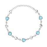 Carleen 誕生石ブレスレット レディース 925スターリングシルバー 5つのハートステーション 人工宝石 テニスブレスレット ジュエリー 記念日 誕生日 女の子 妻 7インチ+1.2インチエクステンダー, 金属, アクアマリン