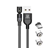 DAIAD USB A to Type-C マグネット式 充電ケーブル 1PIN 充電専用 着脱式 LED付き 防塵キャップ 首振り L字 360度回転 ナイロン編組 端子3個セット 0.5m (ブラック)