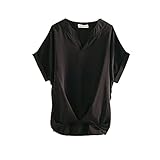 Lisusut レディース 夏服 トップス Vネック 半袖 スリットシャツ 夏 秋 シャツ ブラウス 大きいサイズ きれいめ ワンシャツ ストレート vネック 薄手 tシャツトップ ゆったり 通勤 通学 カジュアル ビーチ 日焼け止め エレガント (XL/ブラック)