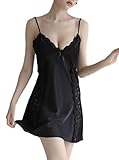 [ロカロカ] レディース サテン スリップ ハーフスリップ インナー キャミソール ベビードール レース 清楚 (XL, ブラック)
