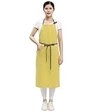 エプロン 100%リネン カフェ風 おしりが隠れる シンプル ポケット付き 家庭用エプロン (黄色)