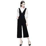 [RSWHYY] レディース サロペット オールインワン オーバーオール カジュアル 春秋 ガウチョパンツ 無地 つなぎ服 ゆったり Vネック 九分丈 脚長効果 ハイウェスト 学院風 ブラック S