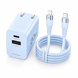 BASETEC 急速充電器 20W PD対応 折りたたみ式｜USB-C & USB-A 2ポート｜ケーブル付 (ブルー, タイプC-Lightning)