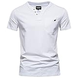 [HANMUY] メンズ Tシャツ 半袖 ヘンリーネック フェイクボタン フィットネス スウェット 無地 おしゃれ カットソー ゆったり  ストレッチ綿素材 サマー トップス ポッケト付 VネックホワイトL