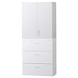 《セット商品》HCB-SRSU+SL3D-SET_書庫 キャビネット 完成品【セット販売 両開き書庫+ラテラル3段+ベース】サイズ：W900×D450×H2160 オフィス家具市場オリジナル【日本製】オフィス 収納 書棚 戸棚 事務所 ホワ