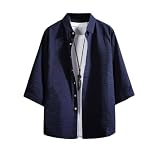 [foveitaa] メンズ 七分袖 シャツ 夏服 メンズ 綿麻シャツ 無地 大きいサイズ 和風 涼しい カジュアル 通気性 快適 シンプル オシャレ かっこいい 日常使い navy-2XL