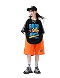 [Pangdabei] キッズ ヒップホップ ダンス衣装, 半袖Tシャツ&ハーフパンツ セットアップ, ストリート系 ステージ衣装, 110-180cm対応 (ブラック, 150cm)