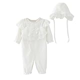 Aliciga ロンパース レース リボン付き 花柄 新生児 ベビー 弾力 前開き 長袖 女の子 子供服 + 帽子 2点セット 綿 ソフト 超かわいい 保温 冷房 寒さ対策 お姫様 (60, ホワイト