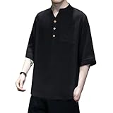 [Fuyumoe] リネンシャツ メンズ 夏服 Tシャツ 七分袖 メンズ シャツ 綿麻 スタンドカラー 和風 Vネック 無地 トップス おしゃれ 快適 カジュアル 涼しい 通勤 軽量 薄手 カットソー 夏 （ブラック M=日本XS）
