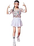 子供服 キッズダンス衣装 ガールズ 花柄 HIPHOP 女の子 jazz ヒップホップ ジャズダンス 演出服 ダンスウェア チアガール 応援団 練習着 110 120 130 140 150 160 170 180 (トップス+スカート,140)