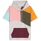 [RUIZEHONG] メンズ ショートスリーブ パーカー コットン カラーブロック Tシャツ レディース カンガルーポケット Tシャツ ヒップホップ アスレチック 半袖 パーカー 夏服