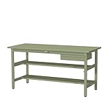 ワークテーブル300シリーズ H900固定式 中間棚・半面棚板・1段 深型W500mm キャビネット付 天板：グリーン 本体・キャビネット：グリーン 900×750 SWSH-975TS1-GG+D1-G