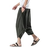 [Fasshonrida] サルエルパンツ メンズ アラジンパンツ 夏用 ズボン 7分丈 ワイドパンツ 大きいサイズ ゆったり ボトムス イージー ぱんつ 涼しい リネン クロップド エスニック 袴 カジュアル 春 夏 green XL