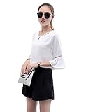 【Smile LaLa】 レディース フレア スリーブ フェミニン シフォン 五分袖 シンプル ブラウス チャーム ストラップ 付き Vネック (XL, ホワイト)