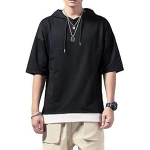 [フォーリーフ] パーカー メンズ パーカー 薄手 パーカー 半袖 フェイクレイヤード Tシャツ プルオーバーパーカー 重ね着風