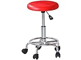 レザーラウンドスツール　キャスター&amp;フットレスト付き　レッド（赤）