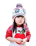 (よキーよ)Yokeeyo ニット帽 ボンボン付　可愛い　毛糸　北欧風 雪花のプリント　ニットキャップ　ベビー用ハット 子供 赤ちゃん　キッズ　帽子 男の子　女の子　男女児 秋冬　防寒　耳付きタイプ