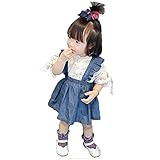 サロペットスカート プリーツスカート 半袖シャツ 夏 フリルサスペンダー付きスカート 上下セット 桜桃柄 1~3歳 デニムブルー73cm