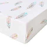 Premium Fitted Cotton Crib Sheet - Gender Neutral Feather Print Cotton Toddler Sheet Fits Standard M