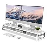 Fenge モニター台 卓上 デスクシェルフ モニタースタンド パソコン台 引き出し付き2段 木製 幅108cm pc台 机上台 デュアルモニター 台 机上ラック 卓上台 デスク周り収納 ディスプレイ (ホワイト) (ホワイト)
