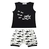 Ochine　子供服　ノースリーブTシャツ＆ショートパンツ　上下 2点セット 短袖 ウエスト ゴム 仕様 カッコイイ　セットアップ ベビー 普段着 鮫プリント　男女兼用 (80、6-12月)