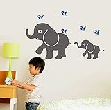 Cute Elephant and Flying Birds Wall Decal Removable Vinyl Wall Sticker Baby Nursery Wall Decor, Grey
