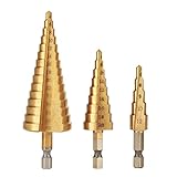 ステップドリル チタンコーティング 板金用六角チタンコーンドリルビット 六角軸 螺旋 4-4-12mm/4-20mm/4-32mm HSS鋼製 3pcs　収納袋付き