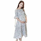 【SEBLES】レディース マタニティ ロングワンピース 花柄 五分袖 袖フレア 胸ギャザー 夏 ブルー フリーサイズ