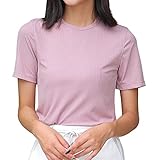 [ジェームズ・スクエア] サラッと ひんやり ストレッチ リブニット Tシャツ きれいめ カットソー 薄手 レディース 半袖ピンク XL