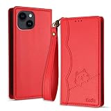 Kedic iPhone14 ケース 手帳型 可愛い笑顔の猫模様 手作り iPhone 14 携帯カバー アイフォン14 ケース おしゃれ カード入れ 財布型 と横方向のスタンドが 多機能 iPhone14 カバー 内蔵マグネット式 純色シンプルデザイン iPhone 14 ケース 赤