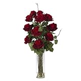 Nearly Natural 1206 Roses with Cylinder Vase Silk Flower Arrangement, Red by Nearly Natural