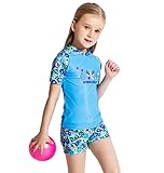 [FERE8890] 女の子 ベビー 水着 セパレート 紫外線カット 花柄 可愛い 学院風 学校競泳 半袖 ショーツ 通気性 エレガント 夏 スリム スクール ライトブルー 8#