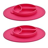 Kukeベビー食器ハッピーマットランチプレートランチ皿　シリコンミニマット　キッズ食事マット　ベビー テーブルマット　離乳食　子供用ぴったり吸着 丸洗い 滑り止め　レッド二点セット