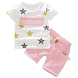 ハイキングフライ(Hikfly)ベビー服男の子女の子 赤ちゃん柔らかい綿ツーピース半袖 Tシャツ＆ショートパンツ セット (星) (L/18-24 ヶ月, ピンク)