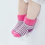 4ペア　赤ちゃん着　冬着靴下　ウォーマー　暖かい　厚い　テリーコットンストライプドットソックス　ピンク＋紫　Mサイズ