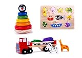The Cubbie Leeクラシック木製おもちゃさまざまなバンドルパック|ペンギンリングStacker、動物トラック& Ocean木製Pegパズル|シンプルな教育&学習for sensory 1 &