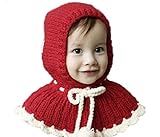 (Meilleur reve)【肩＆耳まであたたか】ふわふわ 帽子 付き ケープ 一体型 マフラー ネックウォーマー フード ベビー キッズ 防寒 (B. 赤)