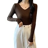 [PALAME] リブニット レディース Vネック セーター ニュートライ浅Vネック・大人め高級魅力・鎖骨美人・重ね着・高伸縮・リブ素材・着回し力・華奢見え・薄手 ニットソー カットソー トップス ニット 長袖 リブ 秋 冬 ストレッチ (コーヒー)