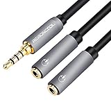 カラオケ線　BEBONCOOL 3.5mm 4極　オス-メス×2 2分配 ケーブル ステレオ ミニ プラグ ケーブル オーディオの出力とイヤホンのMIC機能を支持 (グレー)
