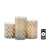Set of 3幾何ワックスピラーキャンドル、リモート含ま、電池付属 シルバー LC003693