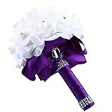Wedding Bouquetsクリスタルパールシルクバラブライダルブライズメイドウェディング手ブーケ人工フェイク花 パープル