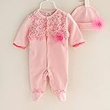 （ナイス　ディズ）Nice Days　レースレース花模様　可愛いベビーロンパー　ジャンプスーツ　赤ちゃん満月、百日祝い　春秋冬に適用 (S, ピンク)