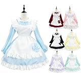 [CR ROLECOS] メイド服 大きいサイズ 多色 リボンワンピース 可愛い フリル メイド コスプレ レディース プラスサイズ 定番 长袖 喫茶店 大人 コスチューム（ブルー、XXL）