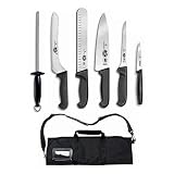 Victorinox Forschner 7点 Fibrox デラックス料理ナイフロールセット、ブラック