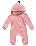 Happyハッピー耳　ベビー　女の子　男の子　ロンパース　長袖　フード付き　恐竜　かわいい　カバーオール　おもしろ　 (90, ピンク)