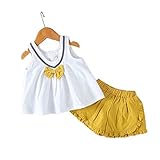 ベイビー服 女の子 Pojour ノースリーブトップス Ｔシャツ+パンツ リボン付き 可愛い2セット 子供ギフト 綿 通気 100cm 黄色