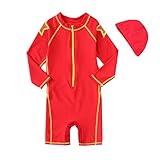 VIVO-BINIYA 正規品 子供水着 女児水着 男児水着 長袖 キッズ水着 帽子付き水着 スイムキャップ UPF50+素材使用 (5T(110), レッド)