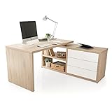 L字型パソコンデスク 北欧 デザイン リアル木目 引き出し3杯 オープン収納 可動棚 オフィスデスク 幅149.5cm ホワイト/オーク
