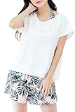 [COTARON] 水着 レディース 体型カバー タンキニ カバーアップ オーバーTシャツ ショートパンツ ４点セット (M, 6ホワイト×ピンクリーフ)